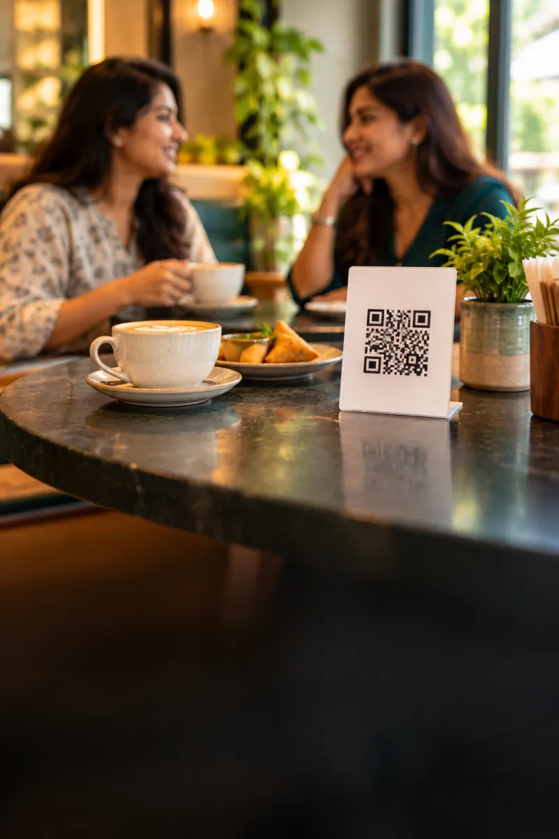 Guests at a cafe table with coffee
