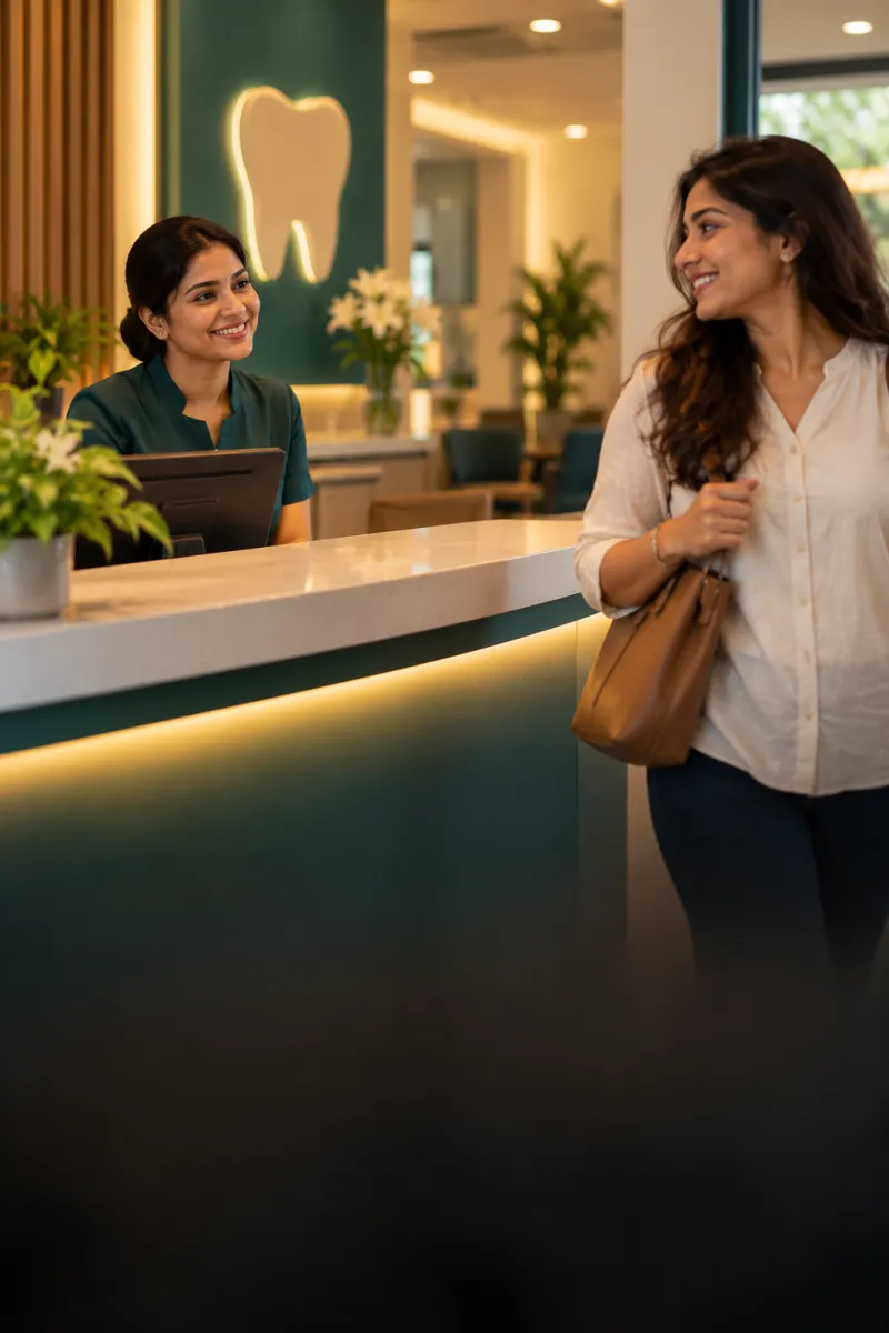 A receptionist welcoming a patient at a clinic